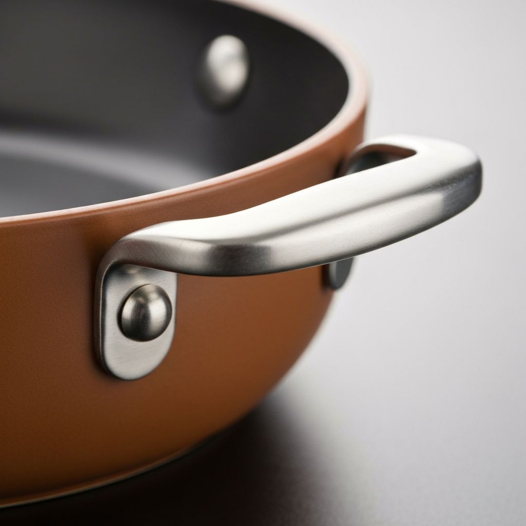 Close-up of GreenLife Artisan stainless steel riveted handle, showing professional construction and polished finish