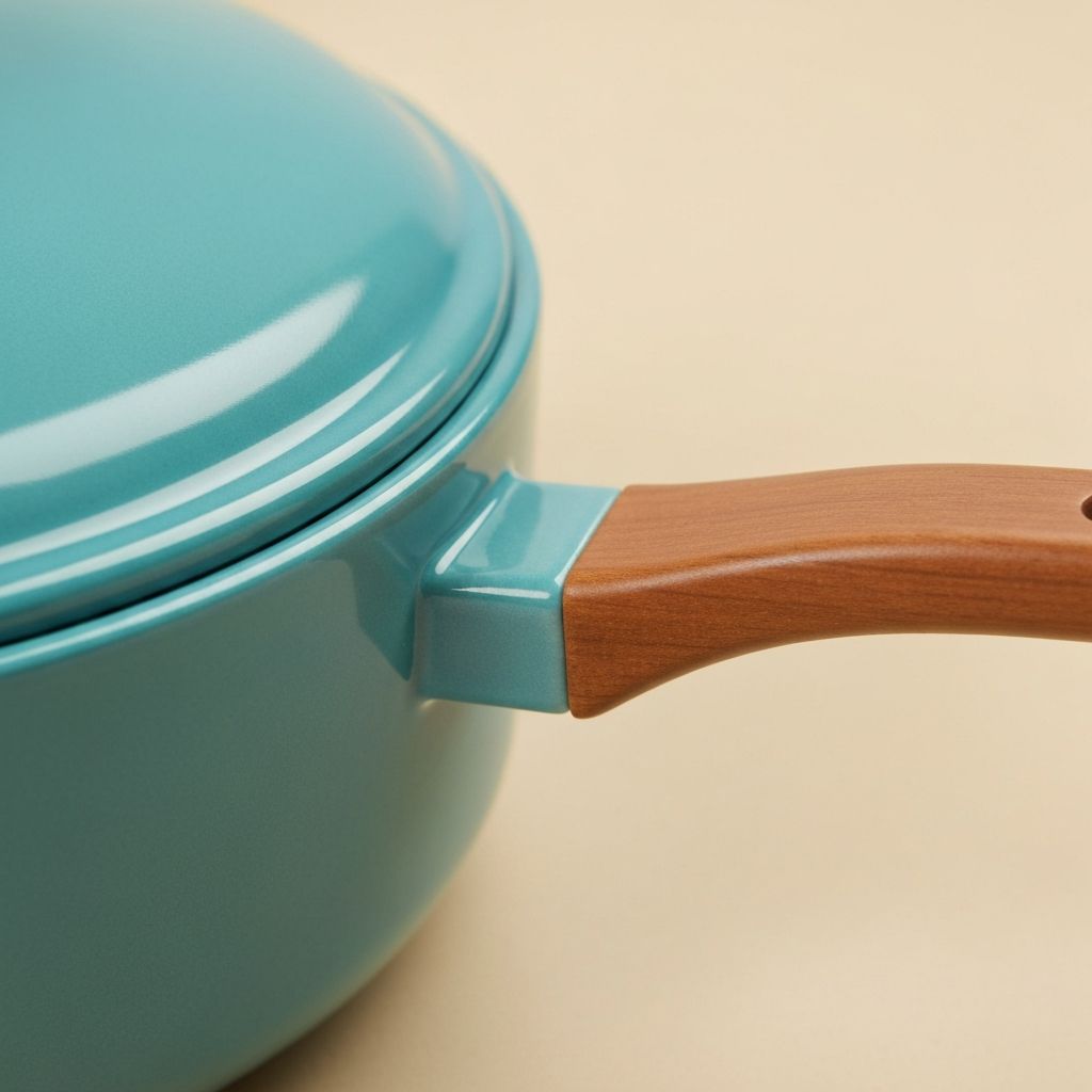 Close-up of GreenLife Soft Grip Bakelite handle in turquoise, showing ergonomic design and stay-cool material